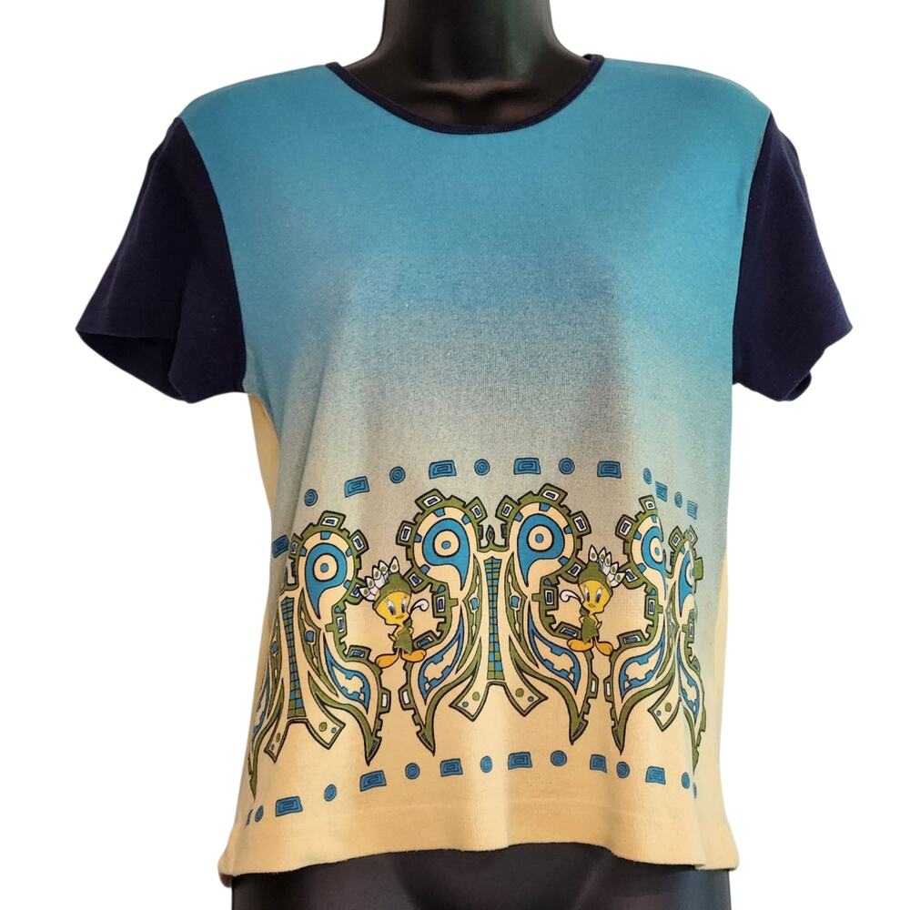 VINTAGE Looney Tunes Tweety Bird knit top tribal design blue and yellow